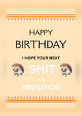 Birthday card with a peach background and two small hedgehog pictures, with the words 'Happy Birthday, I hope your next sh*t is a hedgehog'.