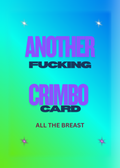 Christmas card with a bright blue to green gradient and bold purple lettering reading 'Another f***ing Crimbo card, all the breast'.
